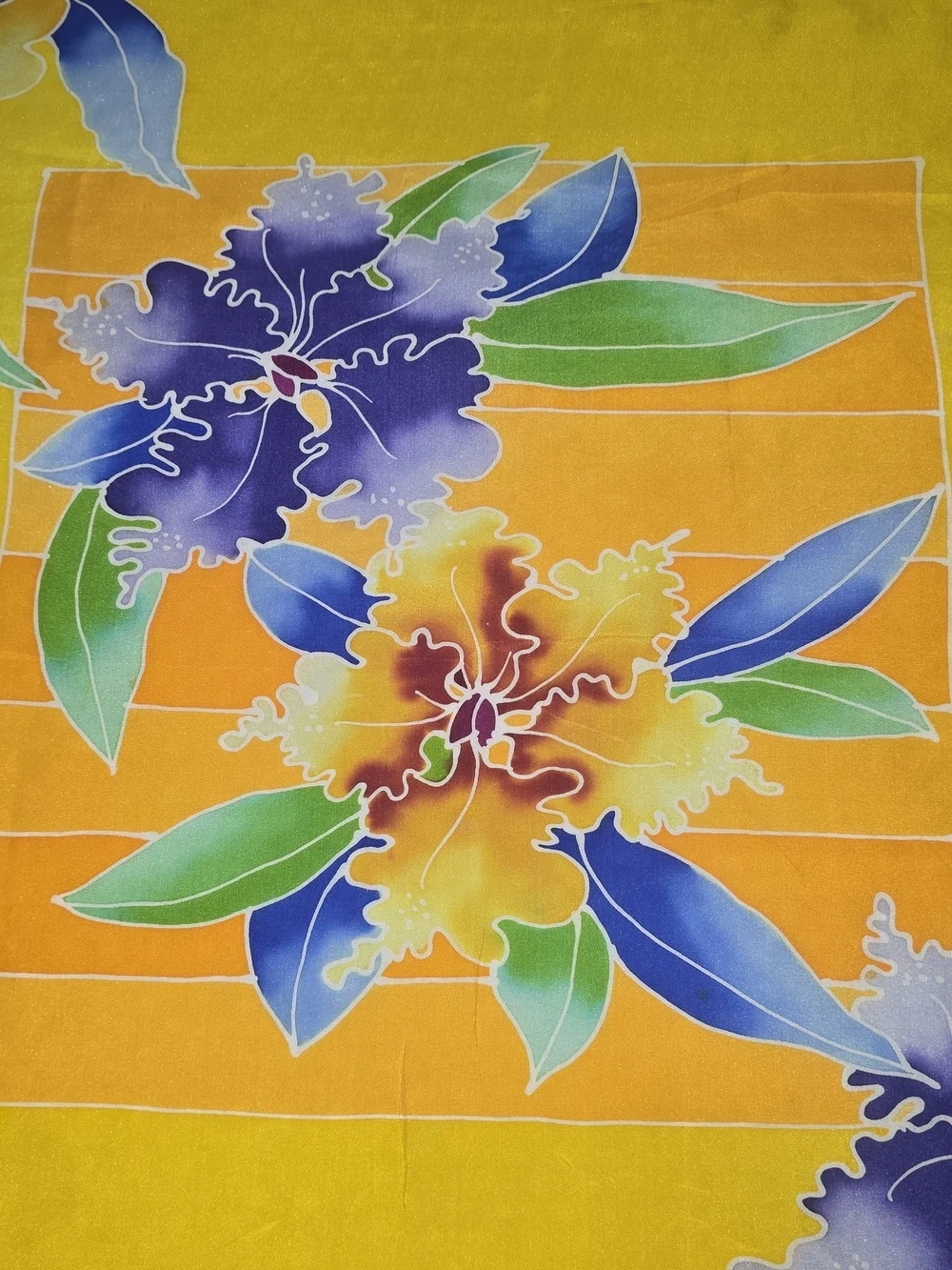 NOOR ARFA BATIK VIBRANT ORANGE SILK SCARF SQUARE ORCHIDS FLORAL VINTAGE